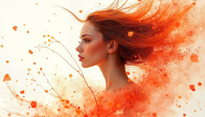 Woman with Orange Hair Ethereal Windblown Profile View