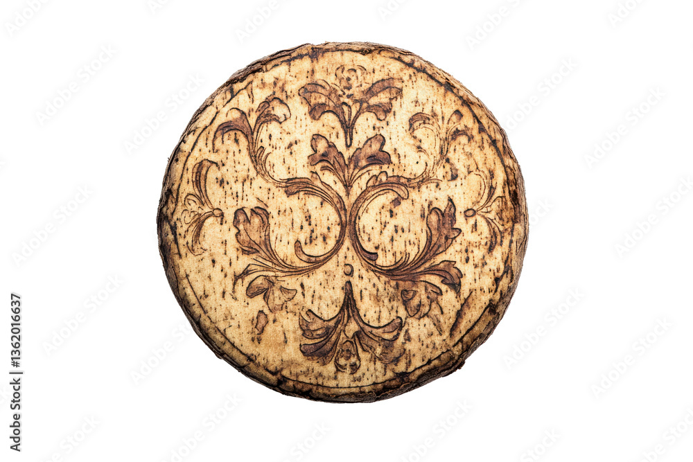 Poster ornate circular object with intricate floral design on a textured surface against a gray background 