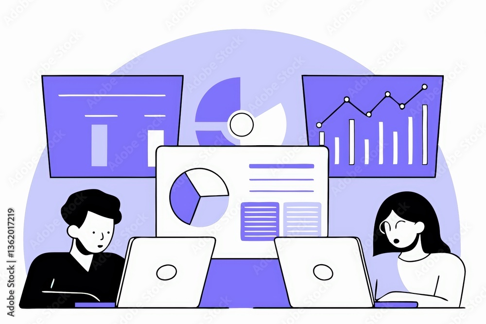 Poster two individuals are working on laptops, analyzing data displayed on screens with various graphs and 