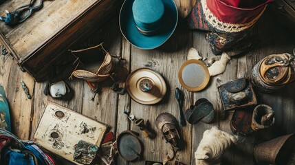 Vintage travel flatlay with map, camera, and accessories