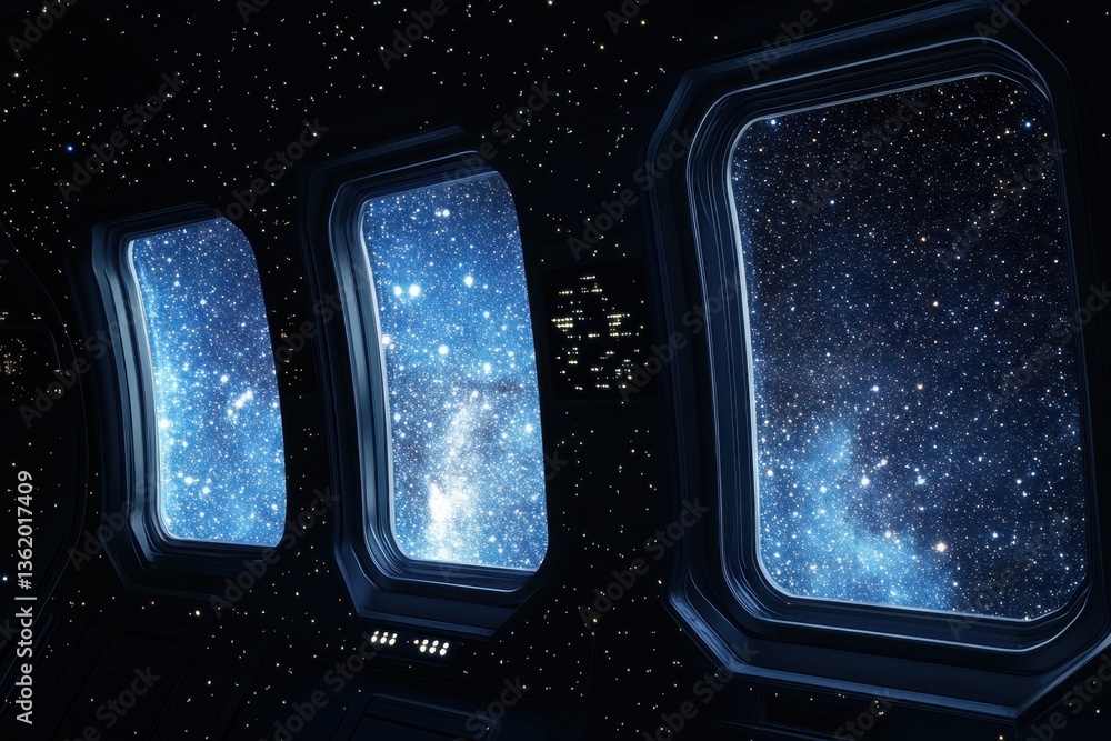 Poster stars visible through large windows in a spacecraft during a deep space exploration mission