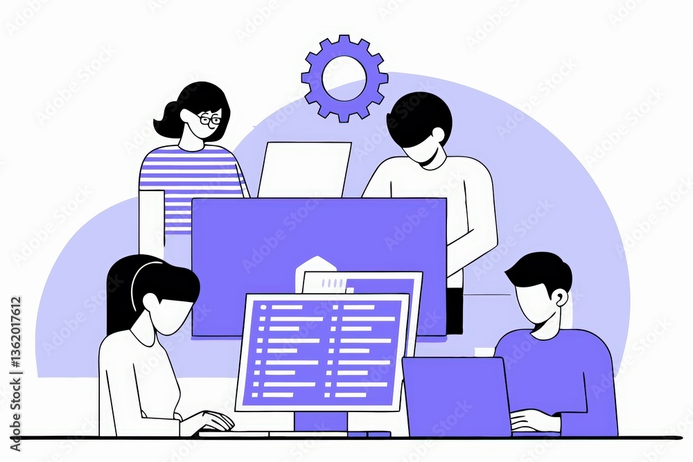 Poster a digital illustration of a diverse team collaborating at computers, showcasing teamwork and technol