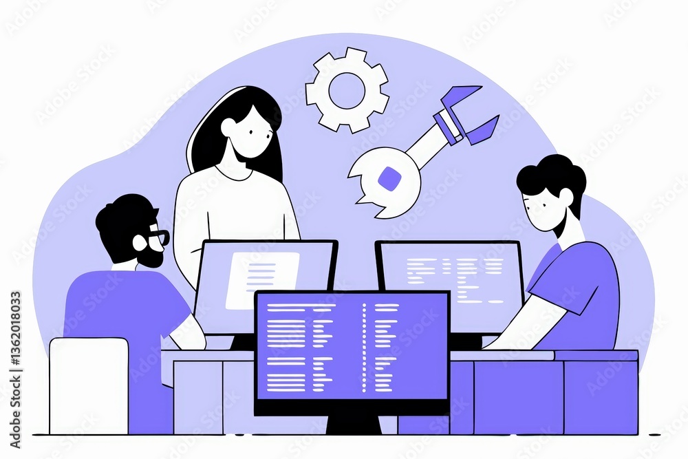 Poster a digital illustration showing three people collaborating at computers, with tools and gears, symbol