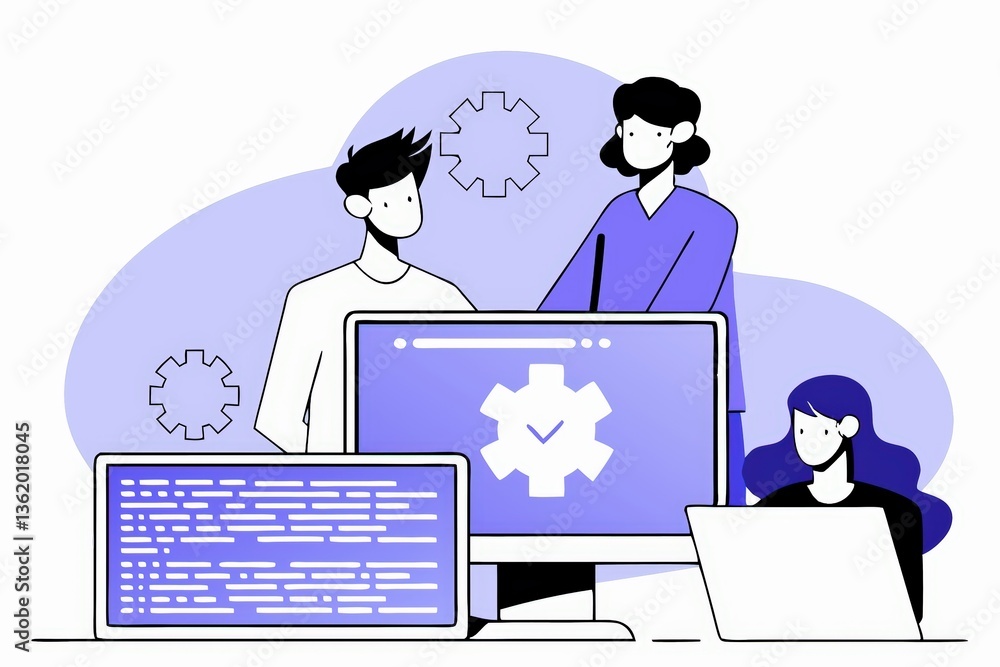 Poster a digital illustration of three individuals collaborating on computer programming, surrounded by gea