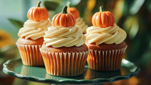 Delicious pumpkin spice cupcakes decorated with cream and marzipan pumpkins for the fall season	