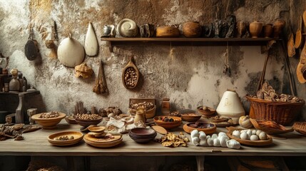 Rustic kitchen shelves with hanging vegetables and ceramic dishes