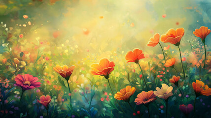 Fototapeta premium 雄大な山々と鮮やかな春の花が咲く幻想的なフローラル風景・蝶が舞う爽やかな青空の下で広がる癒し系ナチュラル背景素材・ボタニカルイラスト・リラクゼーション・自然美・春の季節イメージ