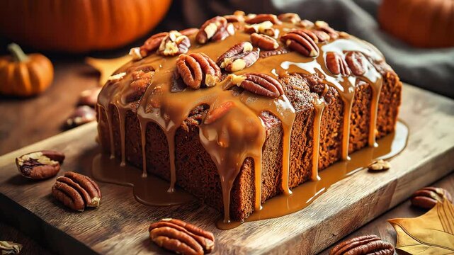 Delicious homemade pumpkin bread with caramel icing and pecans dripping for thanksgiving day	