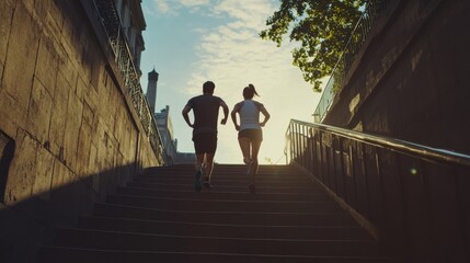 fitness, sport, people, exercising and lifestyle concept - couple running upstairs on city stairs