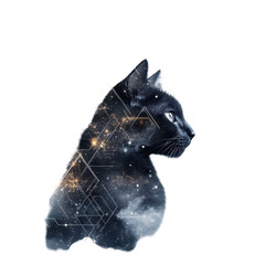 Cosmic Cat: An artistic and surreal depiction of a black cat silhouette overlayed with a captivating celestial galaxy, blending the mystical nature of felines with the vastness of the cosmos.