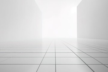 Obraz premium Bright Room Interior, White Tiled Floor Perspective, Clean Wall, Light, Minimalist
