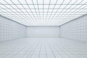 Obraz premium Minimalist White Tiled Room Interior, Grid Ceiling, Clean Architecture, Modern Space