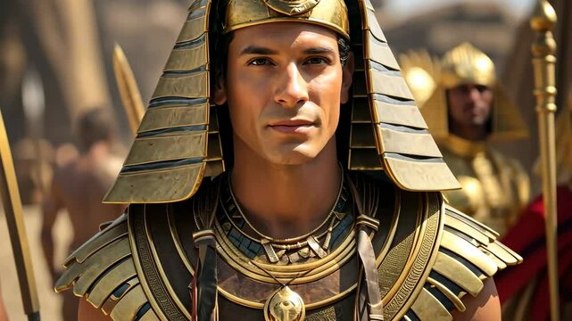 Biblical era Egyptian servant standing solemnly in royal court of ancient palace 4K