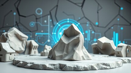 Miniature landscape featuring sculpted mountain and stylized houses