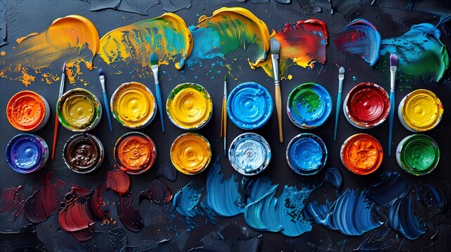 set of accessories for painting with paints and brushes. fine art tools. creative composition in flatley style  HD 8K wallpaper Photographic Image
