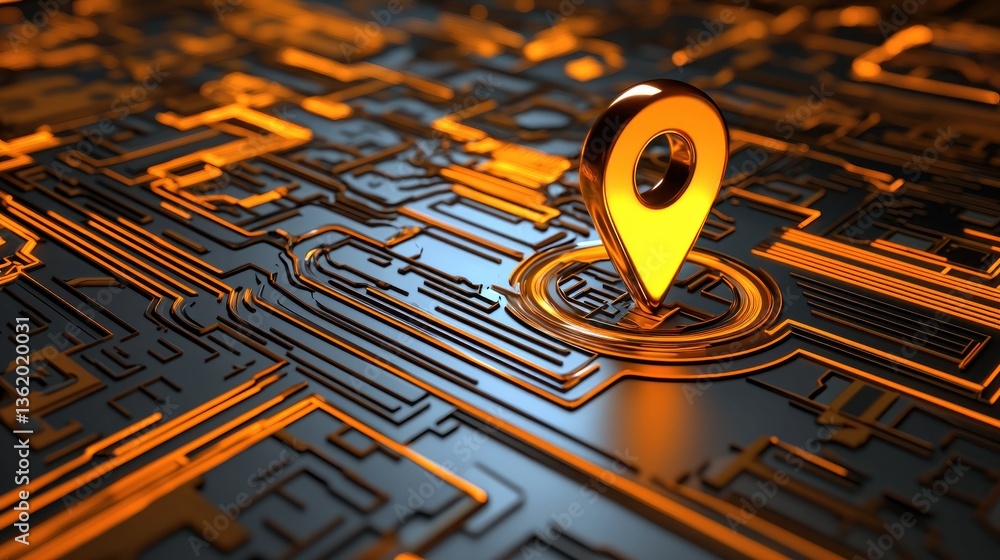 Poster golden location pointer on circuit board: digital mapping and gps technology