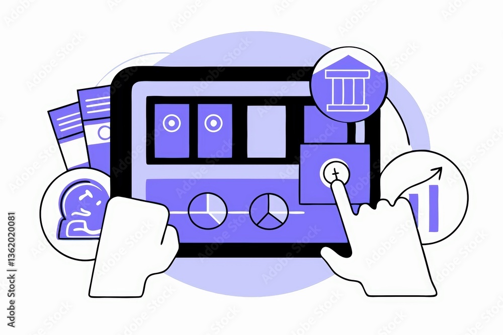 Poster a digital illustration showing hands interacting with a tablet displaying various icons and buttons,
