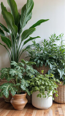 Obraz premium A collection of potted plants are arranged on a wooden floor, with a variety of sizes and shapes. The plants are placed in different pots.