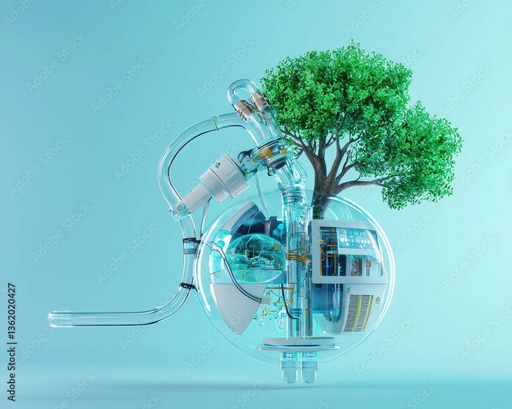 Poster this image showcases a harmonious blend of technology and nature, featuring a glass structure with a