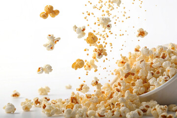 Popcorn flying in the air. White background.