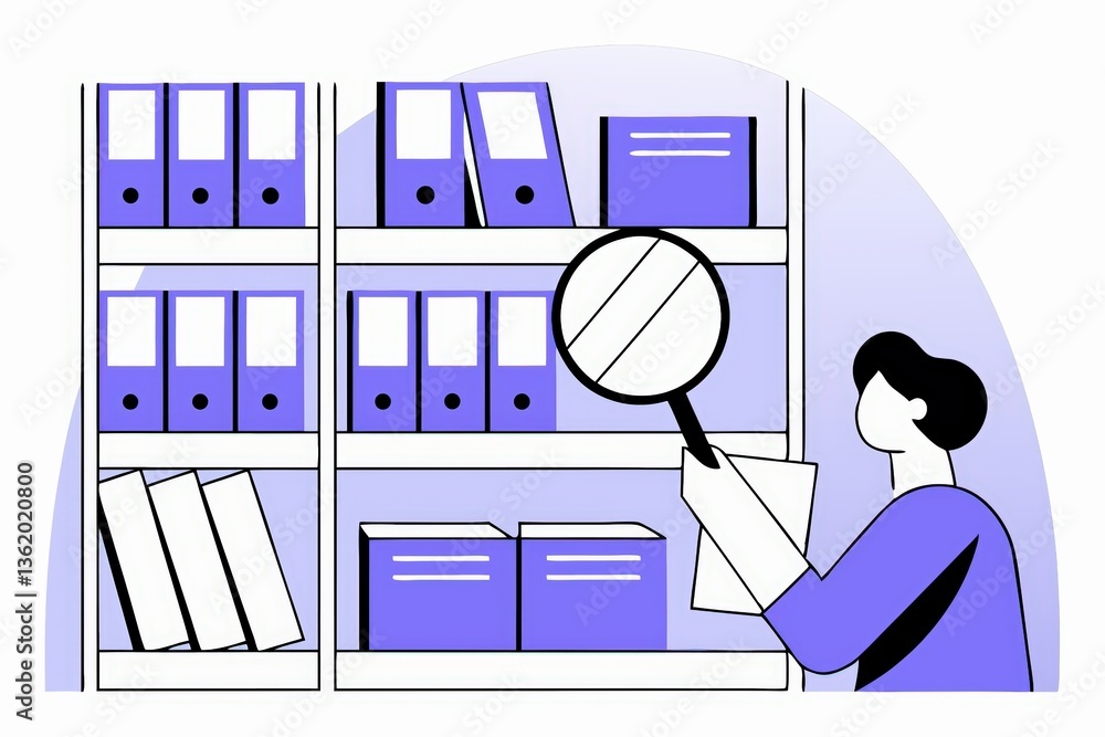 Poster a person examines files on a shelf using a magnifying glass, highlighting a focus on organization an
