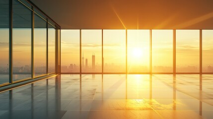 Fototapeta premium Golden Hour Office Panorama: Cityscape Sunset View