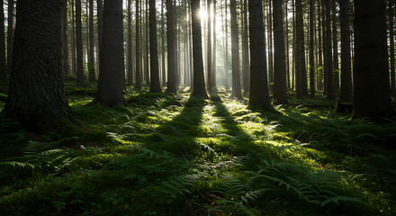 Sunlight shining through tall trees in a green forest