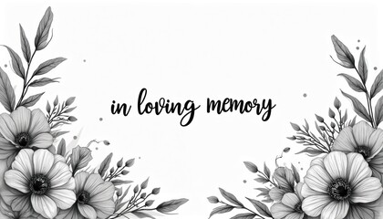 Condolence card with floral design. Text in loving memory on white background. Funeral mourning sorrowful sympathy theme. Remembrance card. Elegant invitation for memorial or obituary.