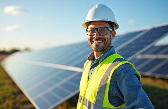 Smiling professional in safety gear stands proudly at solar panels. Renewable energy site worker on sunny day. Man wearing hardhat, vest promotes eco-friendly tech. Clean energy, innovation, power.