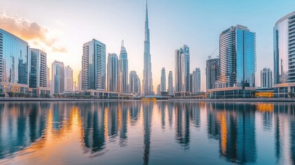 Fototapeta premium Dubai Skyline Reflection: A Serene Urban Oasis at Dawn
