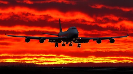 Airplane landing at sunset.