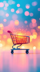 shopping cart filled with glowing particles stands against vibrant, colorful background, evoking sense of excitement and wonder in realm of online shopping