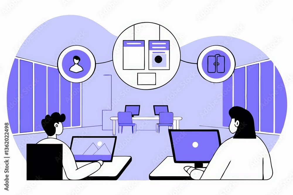 Poster a digital illustration showing two people working at desks with computers in a modern office environ