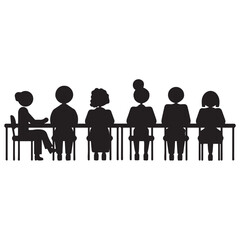 Group of people sitting around a long table, Sitting table flat silhouette vector black. with white background