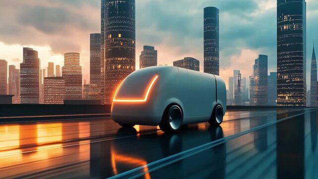 A futuristic electric van moving along the highway at modern city	