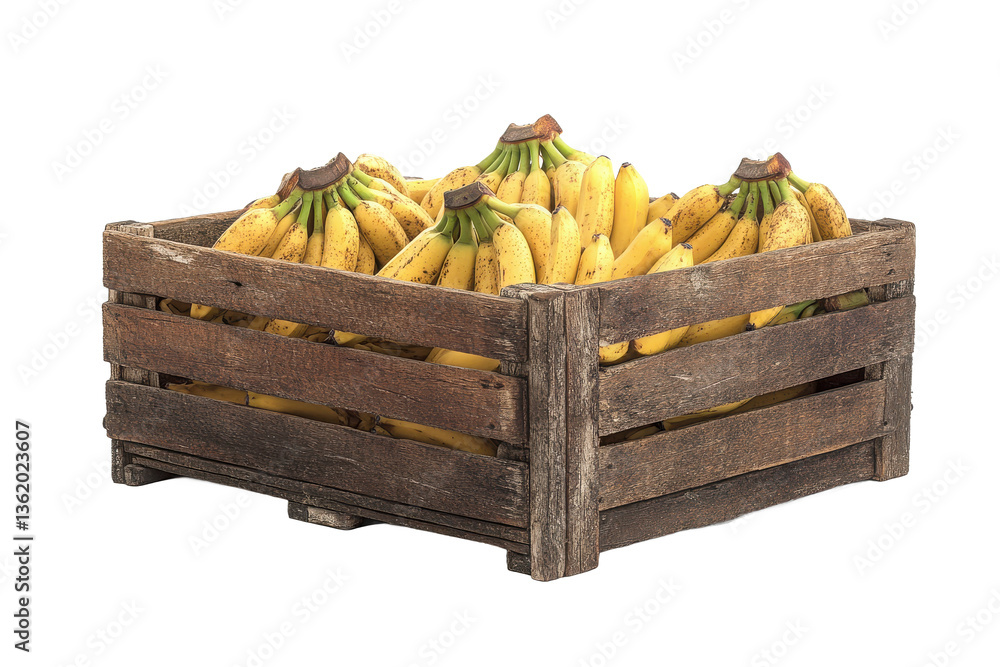 Poster a rustic wooden crate filled with ripe yellow bananas against a plain gray background in a studio se