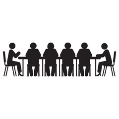 Group of people sitting around a long table, Sitting table flat silhouette vector black. with white background