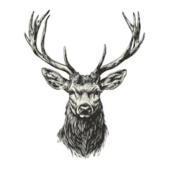 deer with large antlers, surrounded by decorative foliage, evoking a sense of nature, wildlife, and elegance sketch engraving