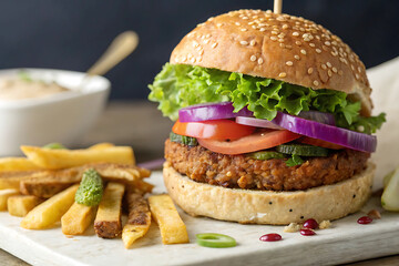 Gourmet Vegetarian Burger with Fresh Vegetables and Golden French Fries in Well-Lit Setting