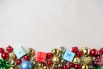 Christmas and New Year concept. Background with copy space for text. New Year decorations and gift boxes with red ribbon on white background