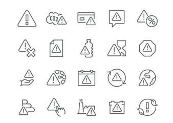 Vector Line Icons Set "Warnings & Notifications". Includes exclamation mark icons, hazard triangles, notification bells, setting icons, ready to use in your projects