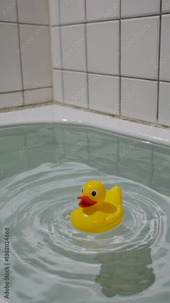 Poster a close-up video angle captures a yellow rubber duck floating in a bathtub, creating a playful and n