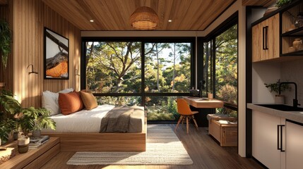 Fototapeta premium Serene Cabin Getaway: Modern Minimalist Design Meets Nature's Embrace