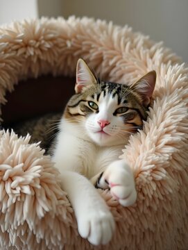 Happy House Cat Relaxing in Comfort