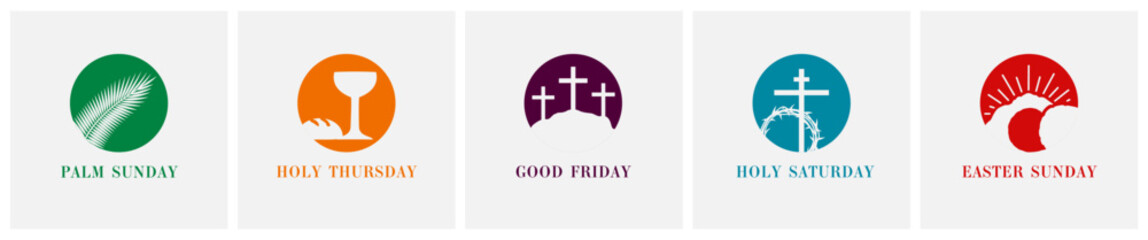 Obraz premium Easter Sunday holiday icons set for posters of Holy Week. Creative logo with palm, bowl and bread, crown of thorns, cross and open tomb for Easter Sunday banner design. Vector illustration