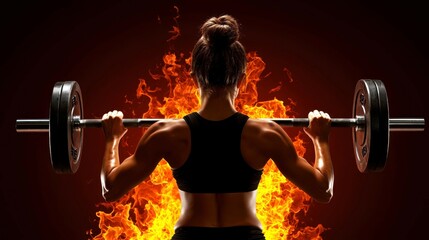 A strong individual lifts a barbell against a fiery backdrop, symbolizing power, determination, and fitness.