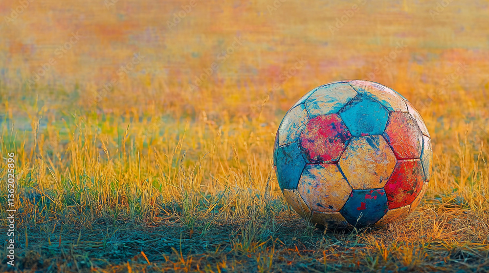Aufkleber a colorful soccer ball resting on a field of grass in the warm light of the setting sun on a summer 