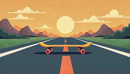 Skateboard Sunset Minimalist Open Road Illustration