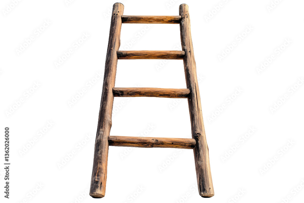 Poster a simple wooden ladder with four rungs standing against a plain gray background in a studio setting 