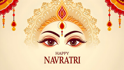 "Happy Navratri Festival Greeting with Goddess Durga Eyes, Sacred Symbols, Traditional Decorative Elements, Festive Background – Spiritual Hindu Celebration, Religious Worship, Devotional Art, festive